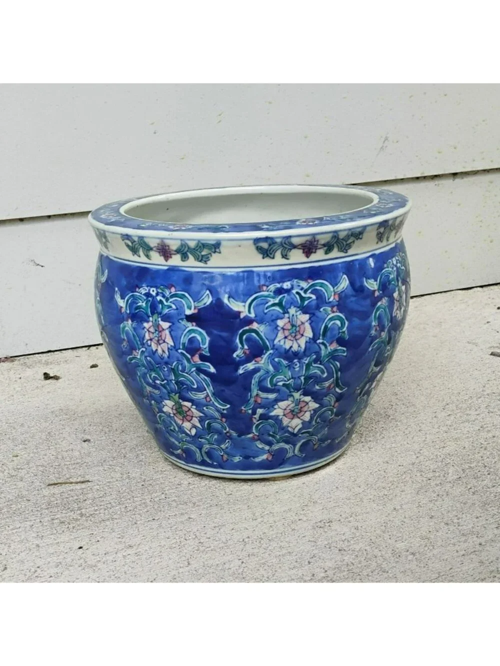 Vintage Chinese Blue & White Porcelain Fishbowl Planter 8” Chinoiserie Cachepot